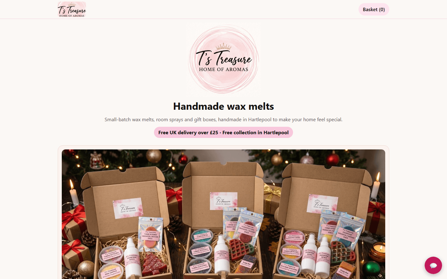 T’s Treasure homepage: “Handmade wax melts” with festive gift boxes